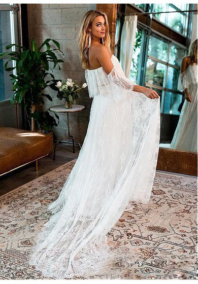 Robe de mariée trapèze en tulle à épaules dénudées et longueur au sol avec manches courtes
