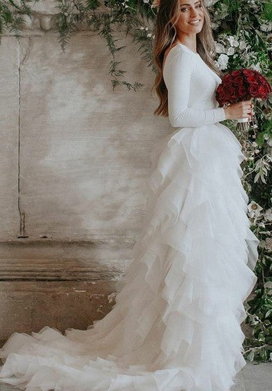 Robe de mariée longue au sol en élasthanne et organza à manches longues et dos en V plongeant