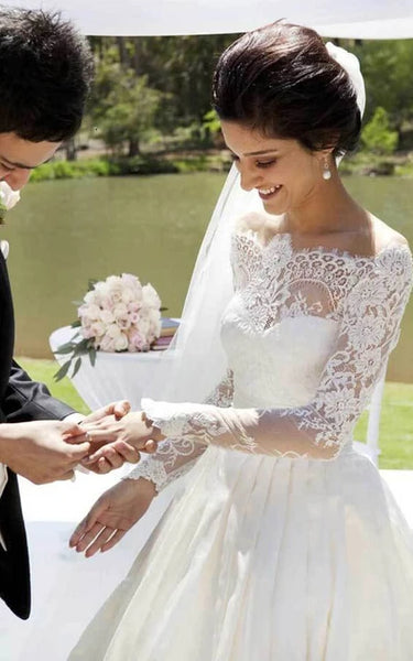 Vestido de boda de vestir de encaje de manga larga sin hombros