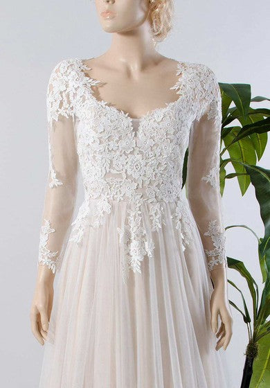 V-Neck Illusion Long Sleeve Lace Appliqued Tulle A-Line Pleated Wedding Dress