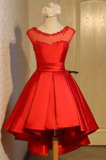 Bateau A-line High-low Short Sleeve Satin Prom Dress with Lace-up Back