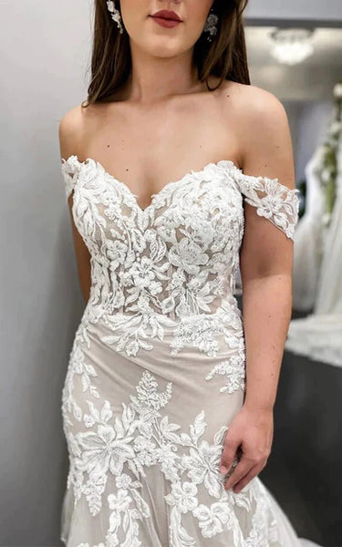 Vestido de novia elegante de encaje fuera del hombro con tren de la corte