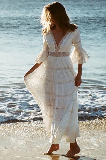 Vestido de novia de la manga del poeta de encaje casual