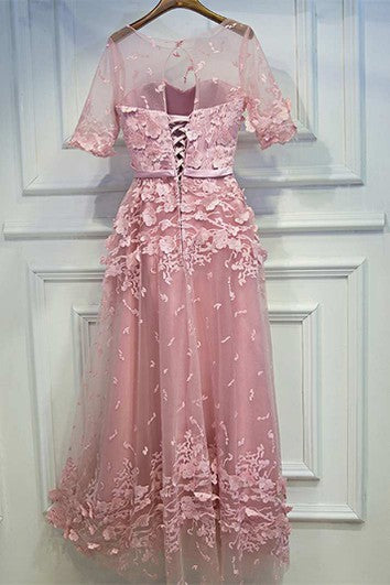 Vestido de encaje A-Line de media manga con faja