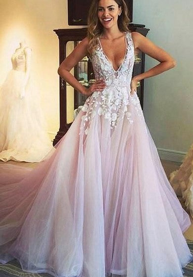 Magnuoso vestido de fiesta con cuello en V sin mangas 2018 Tulle Appliques