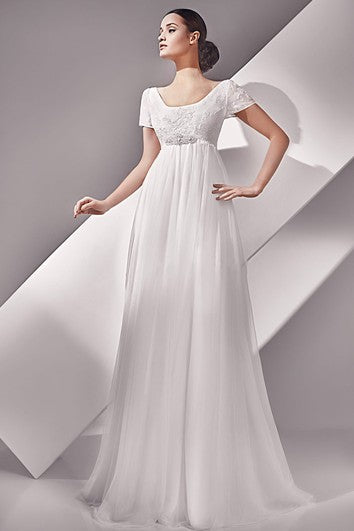 Empire Manga corta Scoop Long Scoop Botón Vestido posterior con detalles de cristal