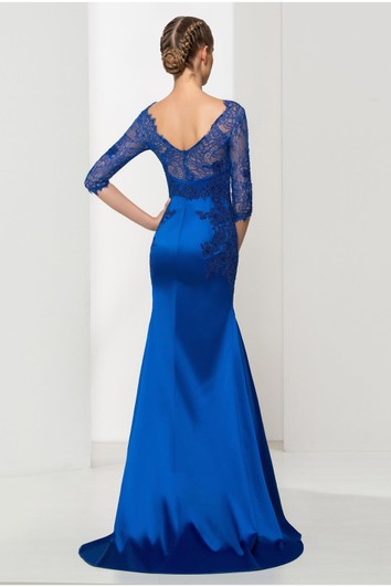 Elegantes Meerjungfrau-Kleid im U-Boot-Stil aus Satin und Tüll mit halblangen Ärmeln und tiefem V-Ausschnitt am Rücken