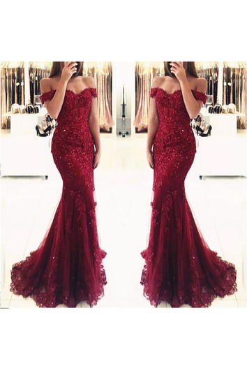 Mermaid Trumpet Lace Tulle Off-the-shoulder Short Sleeve Button Zipper Dress