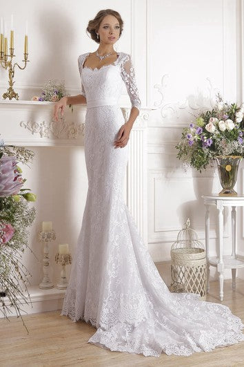 Vestida Long Square Illusion-Sleeving Lace Lace Vestido con cinta