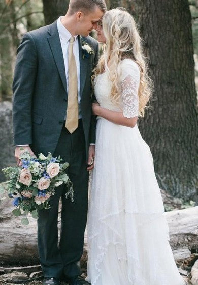 Vestido de boda múltiple de encaje de cuello en V country/occidental con cuello en V