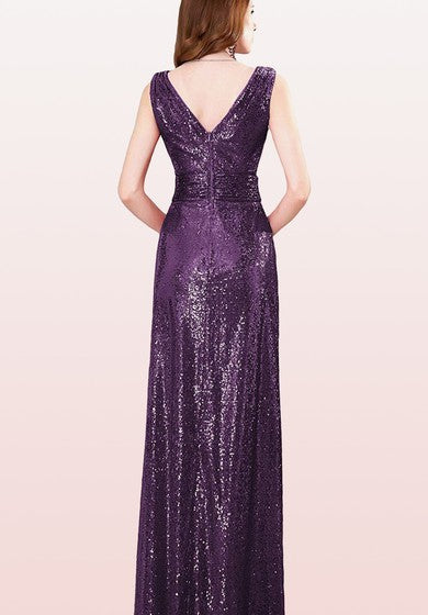 Vestido de dama de honor con lentejuelas sin mangas, con cuello en V, con Ruching