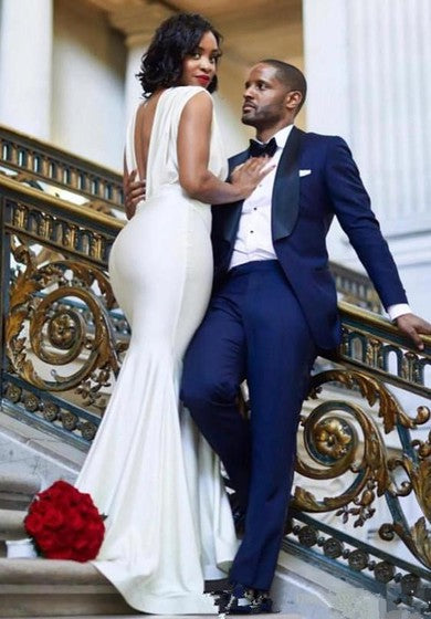 Impresionante sexy trompeta de talla grande Vestido de tren de pincel de espalda con pliegues