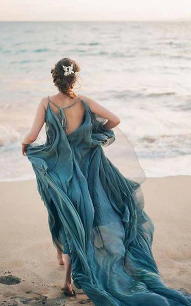 Vestido de dama de honor de boda de spaghetti de chifón azul casual de chifón playa