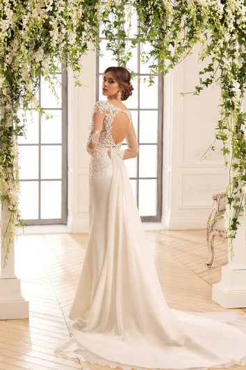 Vestida Long Scoop Illusion-Sleeve Lace Satin Satin Vestido con arco