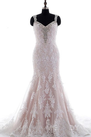 Robe sirène à bretelles mini, col en V, cloche, perles, appliques, traîne, dos nu, bretelles, dentelle