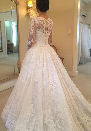 Robe de mariée de luxe à manches illusion en dentelle et tulle