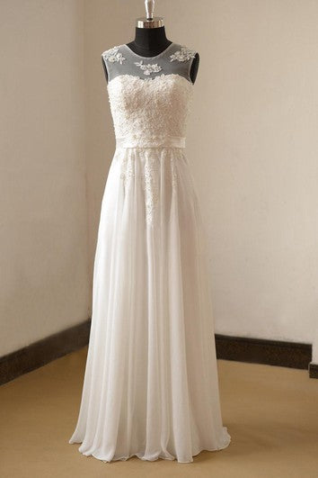 Jewel Neck maneveless A-Line Pliseed Chiffon Vestido con corpiño de encaje