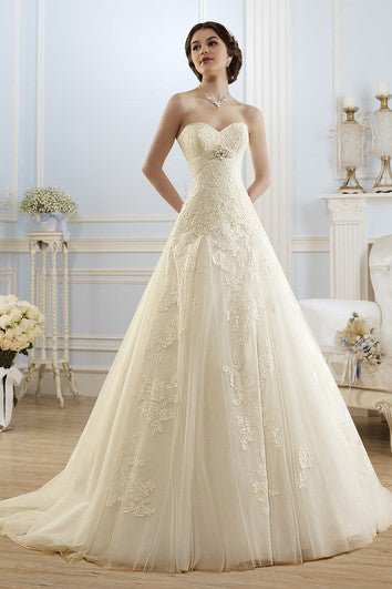 A-Linien-Kleid, lang, herzförmiger Ausschnitt, ärmellos, mit Schnürung, Spitzentüll, Applikationen und Taillenschmuck