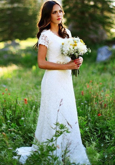 Vintage Country Modest Short-Sleeve Bohemian Sheath Lace Wedding Dress – Ms. Grace
