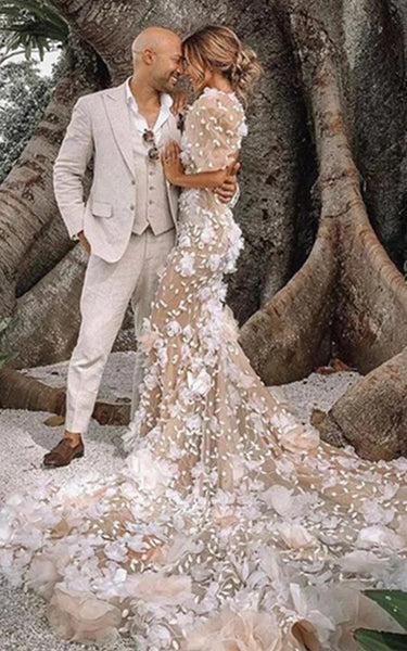 Sofisticada sirena de encaje media manga en vy ojo de novia de cuello con cuello en v vestido de novia