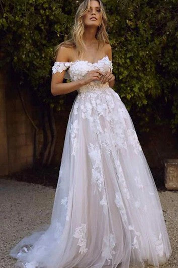 Vestido de boda sin mangas de tren en el piso informal fuera del hombro con aplicaciones con apliques
