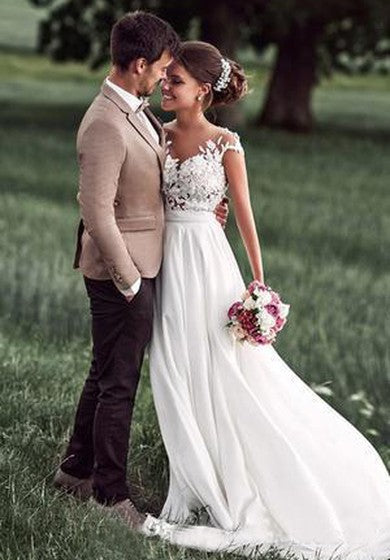 Robe de mariée en mousseline de soie à manches courtes et en dentelle simple et ravissante