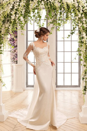 Vestida Long Scoop Illusion-Sleeve Lace Satin Satin Vestido con arco