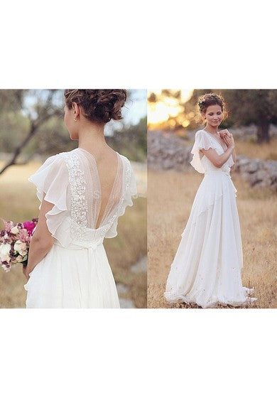 Robe de mariée en mousseline de soie plissée à manches transparentes et col en V profond et dos nu avec perles et fleurs