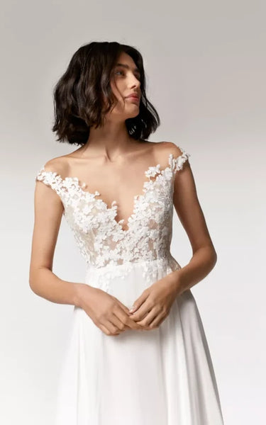 Vestido de boda de vaina simple de gasa con apliques de encaje con apliques de encaje