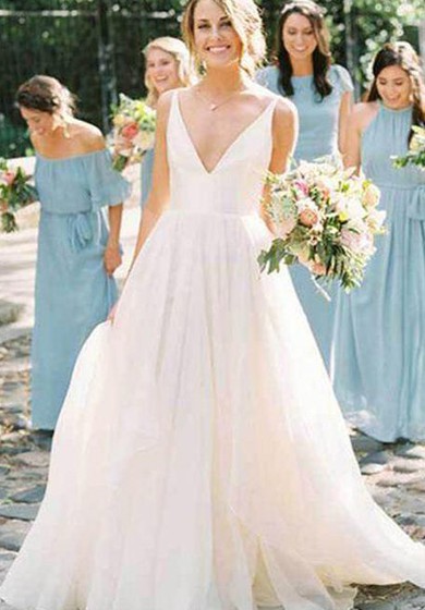 Robe de mariée trapèze en tulle et satin à col en V, longueur au sol, sans manches