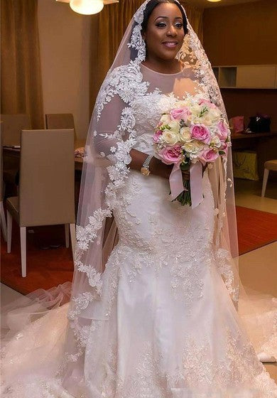 Sheer 3-4 Long Sleeves Plus Size Mermaid Wedding Dress