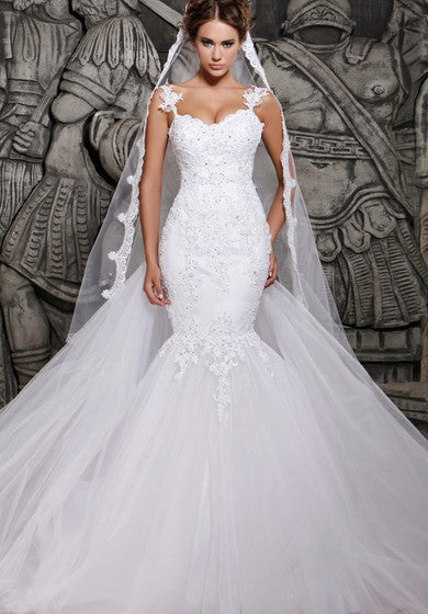 what veil to wear with mermaid dress Magnificent Lace and Tulle Mermaid Dress with Wedding Veil – Ms. Grace