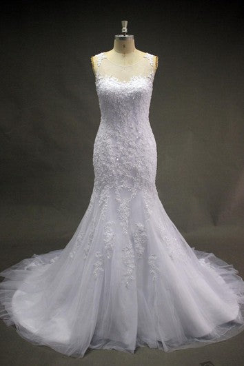 Robe sirène en dentelle sans manches à col rond et jupe en tulle