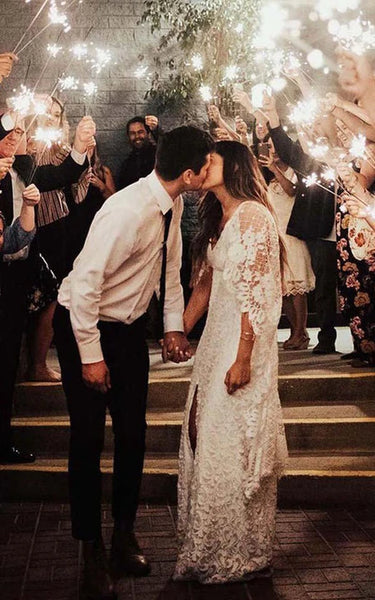 Boho Long Poet manga encaje delantero con la cubierta dividida espagueti de espagueti vestido de novia