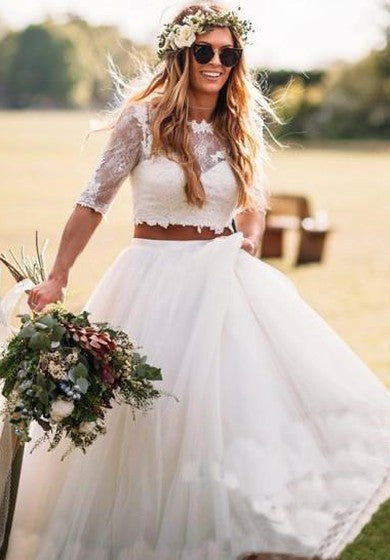 Tul de encaje Trajo hasta el piso de la corte de dos piezas Media manga Sexy Wedding Vestido