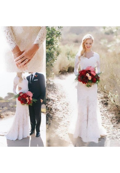 Robes de mariée élégantes à manches longues et col en V en dentelle pour le jardin