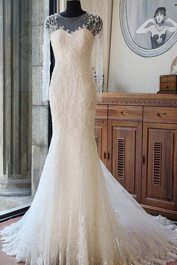 Vestido de novia de sirena de manga larga con cuello de recipiente de ilusión con cuentas y tren de capilla