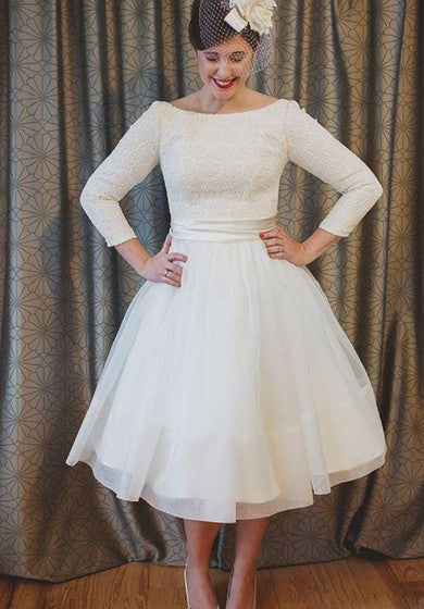 Vestidos de novia de encaje de té y organza con 3-4 mangas largas