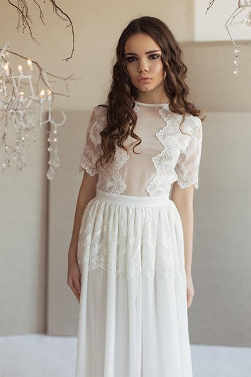 Vestido de novia de gasa de encaje de media manga de cuello alto con ilusión