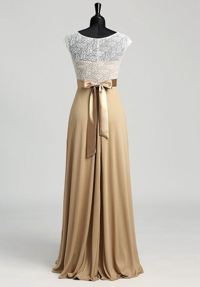 A-line Bateau Cap Short Sleeve Floor-length Jersey Lace Dress