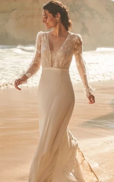 Vestido de boda de gasa de capa de manga larga ilusión casual con apliques y espalda