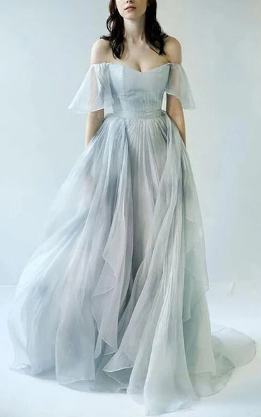 Vestido de tul de Tulle A Blue Empire A-Line con drapeado