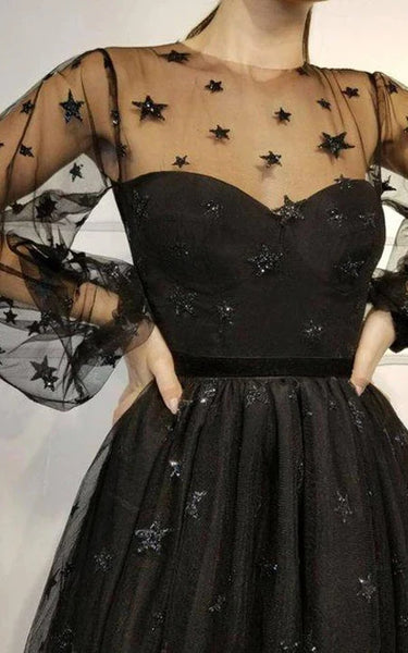 Black Illusion Tulle Stars Sorth A-Line Cocktail Vestido