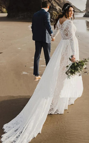 Vestido de boda de manga larga Empire Boho Lace Beach Empire de manga larga