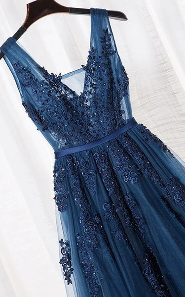 Dark Navy Empire sin mangas plisado Tulle Tulle Prom | Vestido de dama de honor