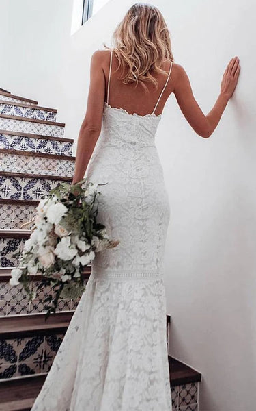 Spaghetti casual Sheer Lace Mermaid Vestido de novia con tren de barrido