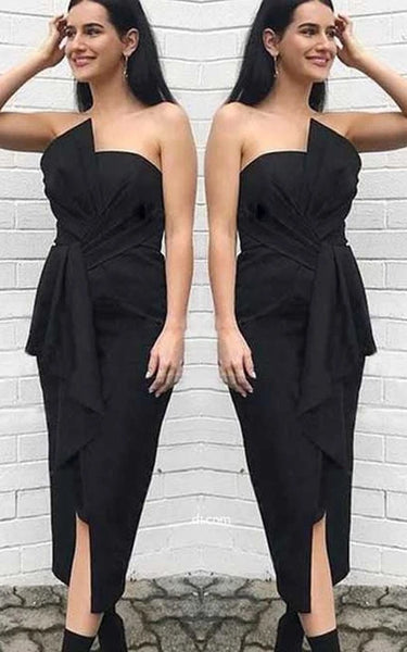 Vestido de dama de honor arqueada longitud de té negra Ruchada
