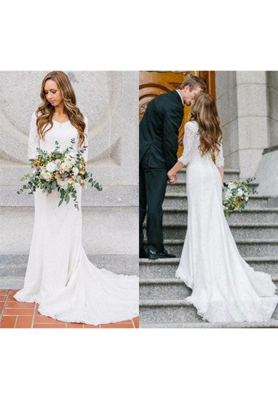 Vestido de boda de encaje de manga larga casual