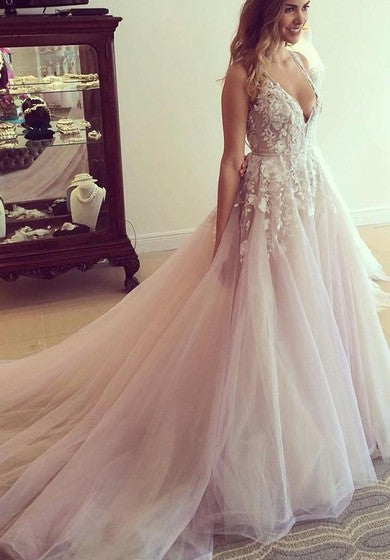 Magnuoso vestido de fiesta con cuello en V sin mangas 2018 Tulle Appliques