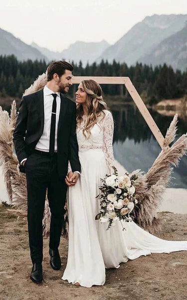 Vestido de boda de gasa de dos piezas con cuello de manga larga